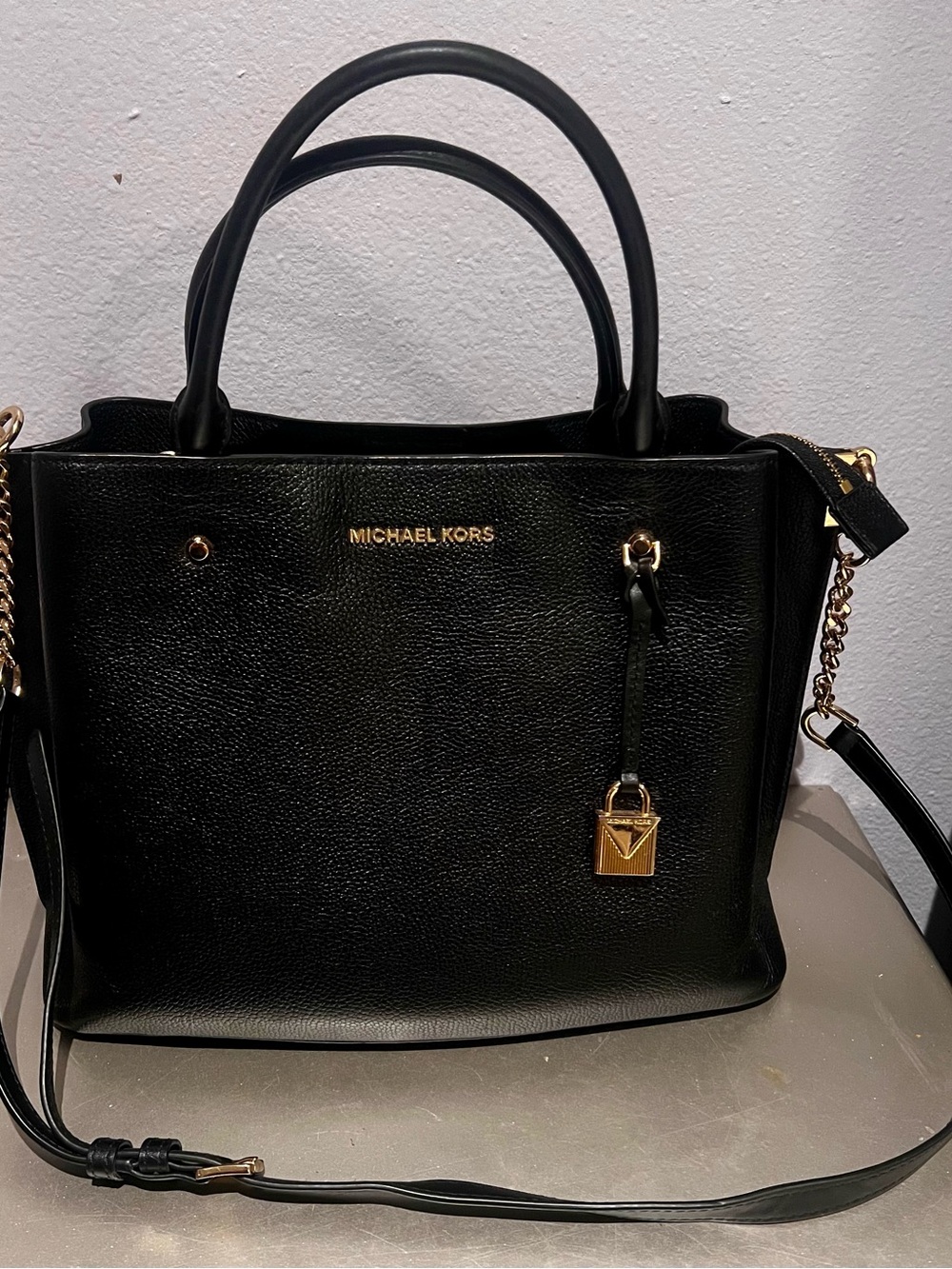 Michael Kors Arielle Black Leather Satchel with Gold Hardware